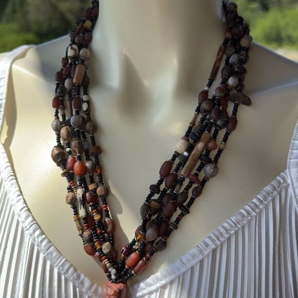 Vintage African Cast Brass Tribal Warrior Multiple Strand Tassel Pendant Necklac - Picture 1 of 16